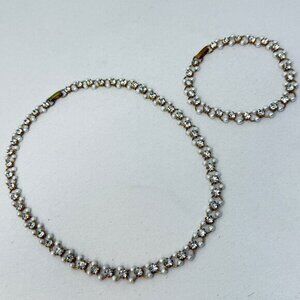 Vintage Faux Pearl & Rhinestone‎ Set Choker Necklace & Bracelet Gold-Tone